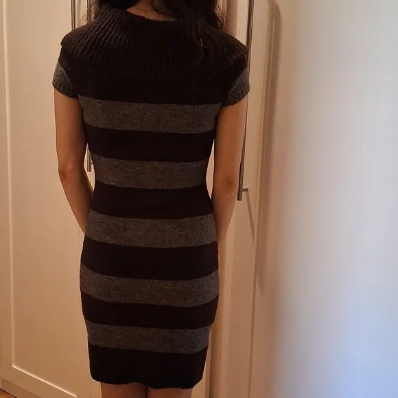 Love Rocks Cowl Neck Striped Short Sleeve Knit Sweater Dress - Picture 2 of 4